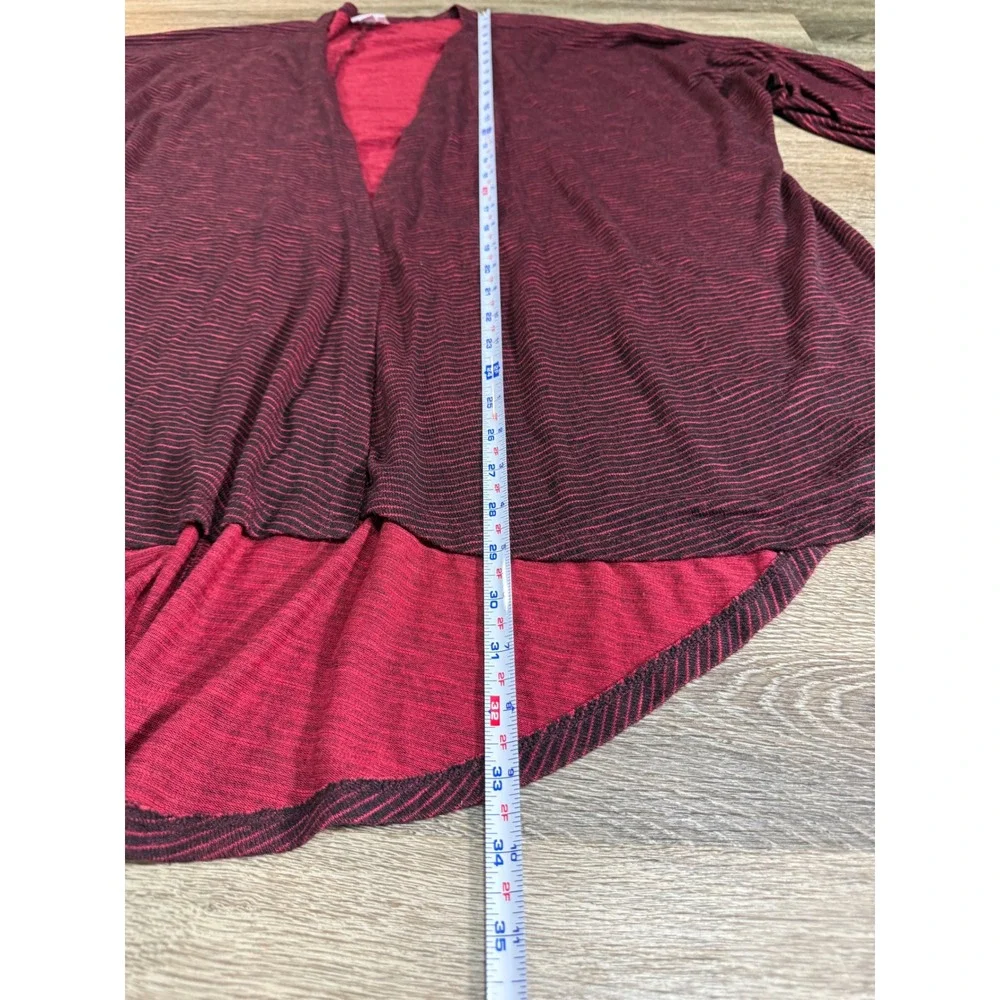 LuLaRoe Cardigan Kimono Womens Large Burgundy Black‎ Striped Hi Lo Open Front